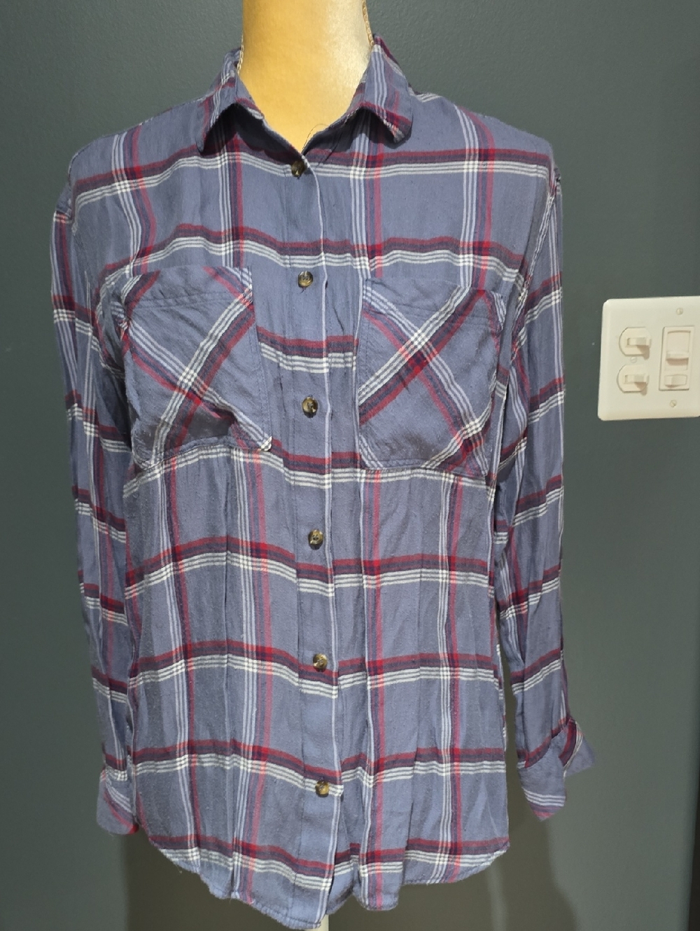 MNG Casual Women’s Plaid Button-Down Shirt - Blue and Red